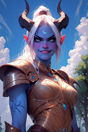 score_9, score_8_up, score_7_up, more detail XL, mythp0rt, thick lineart, cloudy sky with trees on horizon, solo, tiefling, blue skin, white hair, horns, fit, blue eyes, freckles, white hair, ponytail, light armor, facing_viewer, smirk, below view
