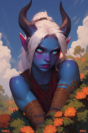 score_9, score_8_up, score_7_up, more detail XL, thick lineart, cloudy sky with trees on horizon, solo, tiefling, blue skin, white hair, horns, fit, blue eyes, freckles, white hair, ponytail
