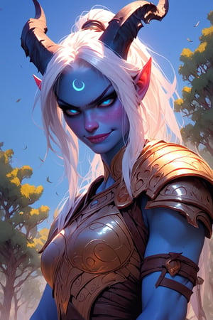 score_9, score_8_up, score_7_up, more detail XL, mythp0rt, thick lineart, cloudy sky with trees on horizon, solo, tiefling, blue skin, white hair, horns, fit, blue eyes, freckles, white hair, ponytail, light armor, facing_viewer, smirk, below view
