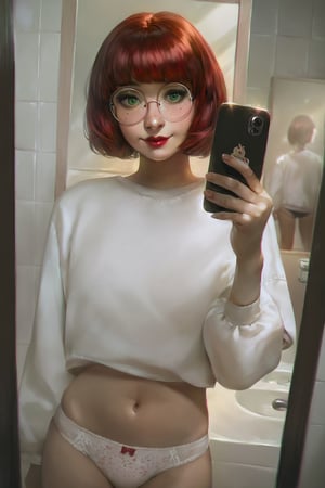 score_9, score_8_up, score_7_up, realistic, rating_safe, (bathroom background, blurred), 1girl, solo, petite school_girl, underwear, medium bob hair with fringe, freckles, red hair, green eyes, lipstick, mirror, holding phone, soft smile, round glasses
