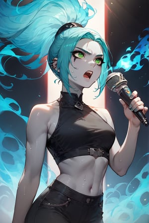 score_9, score_8_up, score_7_up, more detail XL, Expressiveh, colorful, backlit, stage background, rating_safe, 1girl, solo, zzEmber, crop top, pants, sweaty, ponytail, aqua hair, grey skin, goth, blue fire, green eyes, open mouth, singing, holding microphone
