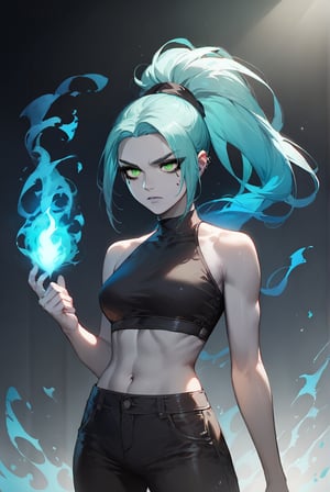 score_9, score_8_up, score_7_up, more detail XL, Expressiveh, colorful, backlit, stage background, rating_safe, 1girl, solo, zzEmber, crop top, pants, ponytail, aqua hair, grey skin, goth, blue fire, green eyes
