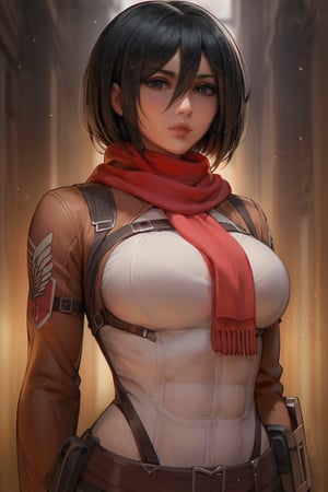 score_9, score_8_up, score_7_up, 1girl, solo, more detail XL, 4RCH0N, light_particles, blurred background, Mikasa Ackerman, red scarf, fit, portrait, puffy lips, looking_at_viewer
