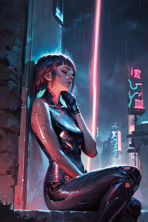 score_9, score_8_up, score_7_up BREAK more detail XL, oil painting, concept art, realistic BREAK neon lights, cyberpunk city at night, thunder, rain, woman sitting against the wall, fringe, hair bangs, dramatic angle, artificial limbs, sleeveless, sleek suit, closed eyes, head_tilt
