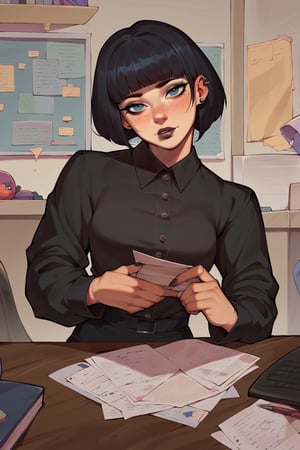 score_9, score_8_up, score_7_up, more detail XL, 4RCH0N, 1girl, goth, office_lady, black hair, short hair, fringe, fit, head tilt, freckles, looking_at_viewer, portrait
