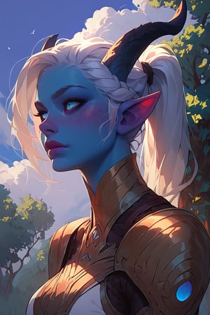 score_9, score_8_up, score_7_up, more detail XL, thick lineart, cloudy sky with trees on horizon, solo, tiefling, blue skin, white hair, horns, fit, blue eyes, freckles, white hair, ponytail, light armor, bust portrait
