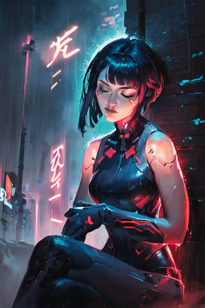 score_9, score_8_up, score_7_up BREAK more detail XL, oil painting, concept art, realistic BREAK neon lights, cyberpunk city at night, thunder, rain, woman sitting against the wall, fringe, hair bangs, artificial limbs, sleeveless, sleek suit, closed eyes, head_tilt
