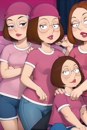 Meg griffin family guy, brown hair, black eyes, bob hair, glasses, forehead, pink beanie, pink shirt, blue pants, short sleeves, parted lips, red background, anime waifu style,meg griffin