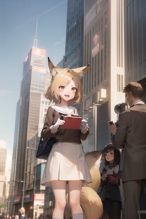 20th television animation, blonde hair, brown eyes, short products hair, mole, fang, crossed bangs, fox tail, fox ears, brown highlight, school uniform, white shirt, long sleeves, brown skirt, brown gloves, holding, searchlight, cityscape, hollywood, sky, cloud, anime waifu style