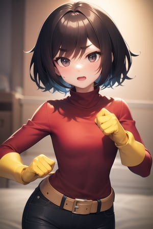 Mii brawler smash bros 4, 1girl, black hair, black eyes, bangs, pretty girl, short product hair, less eyes, different eyebrows, red shirt, darker gray pants, yellow gloves, belt, long sleeves, turtleneck, sharp focus, perfect hands, perfect light, battlefield,Eyes,Beautiful eyes, anime waifu style