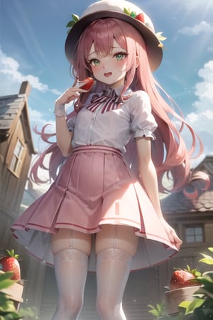 Strawberry shortcake 2009, red hair, green eyes, wavy long hair, freckles, pink hat, big hat, puffy hat, medium chests, white shirt, puffy short sleeves, strawberry logo shirt, pink skirt, high skirt, white stockings, green stripes, striped stockings, standing, strawberry house, sky, bush, outdoors, cloudy sky, anime waifu style