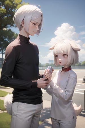 Brian griffin family guy, white hair, black eyes, bob cut, dog ears, dog tail, pale skin, red collar, white shirt, white pants, long sleeves, male, pretty face, outdoors, sky, cloudy sky, anime waifu style