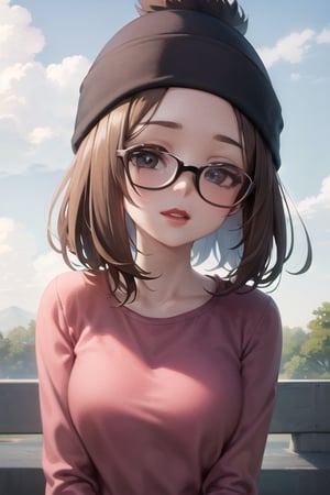 meg griffin, brown hair, black eyes, glasses, bob hair, forehead, round glasses, red lips, pink shirt, blue pants, pink beanie, black-framed eyewear, outdoors, sky, cloudy sky, anime waifu style