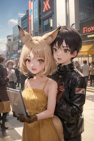 20th century fox television, blonde hair, brown eyes, short products hair, mole, fang, crossed bangs, fox tail, fox ears, brown highlight, yellow dress, brown gloves, holding, searchlight, cityscape, hollywood, sky, cloud, anime waifu style