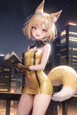 20th century fox, blonde hair, brown eyes, short products hair, mole, fang, crossed bangs, fox tail, fox ears, brown highlight, yellow dress, brown gloves, holding, searchlight, cityscape, hollywood, sky, starry_sky, anime waifu style