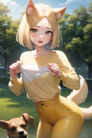 Jake the dog, 1girl, blonde hair, white eyes, dog ears, dog nose, dog tail, dog girl, forehead, bob cut, yellow shirt, yellow pants, long sleeves, sharp focus, perfect hands, perfect light, outdoors, sky, cloudy sky, anime waifu style