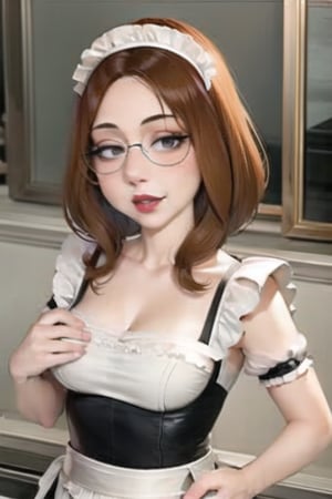 meg griffin,maid,maid_dress, brown hair, black eyes, bob hair, forehead, maid headdress, glasses, maid outfit, puffy short sleeves, red lips, maid cafe, anime waifu style