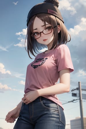 meg griffin, brown hair, black eyes, glasses, bob hair, forehead, round glasses, red lips, pink shirt, blue pants, short sleeves, pink beanie, black-framed eyewear, outdoors, sky, cloudy sky, anime waifu style