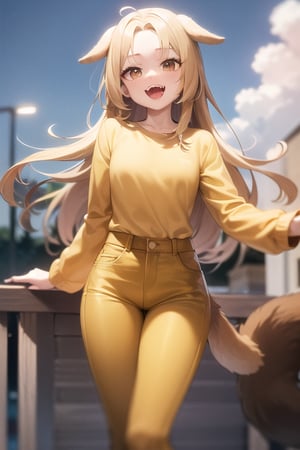 Labrador retriever, lighter blonde hair, brown eyes, bobbed hair, dog ears, dog tail, dog nose, forehead, long hair, bob hair, fangs, lighter yellow shirt, long sleeves, lighter yellow pants, fangs, outdoors, sky, cloudy sky, anime waifu style