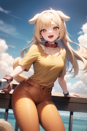 Labrador retriever, lighter blonde hair, dog ears, dog tail, dog nose, brown eyes, bobbed hair, long hair, fangs, bobbed hair, red collar, lighter yellow shirt, lighter yellow pants, outdoors, sky, cloudy sky, anime waifu style