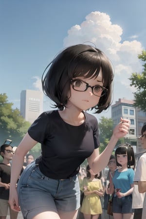 Tina belcher bob's burgers, black hair, black eyes, short hair, yellow hairclips, bangs, glasses, black framed eyewear, medium chests, light blue shirt, short sleeves, dark blue skirt, sharp focus, outdoors, sky, cloudy sky, anime waifu style