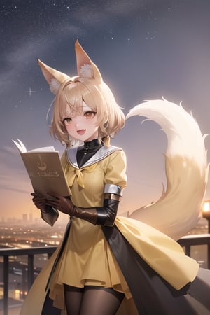 20th century studios, blonde hair, brown eyes, mole, fang, crossed bangs, fox tail, fox ears, brown highlight, yellow dress, brown gloves, holding, searchlight, cityscape, hollywood, sky, starry_sky, anime waifu style