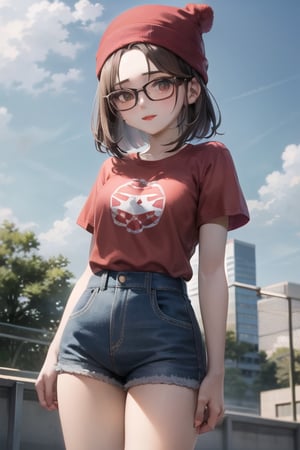 meg griffin, 1girl, brown hair, black eyes, bob hair, forehead, round glasses, red lips, red beanie, red shirt, short sleeves, blue pants, short sleeves, glasses, black-framed eyewear, outdoors, sky, cloudy sky, anime waifu style