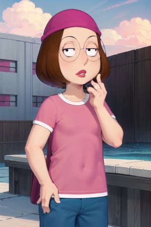 Meg griffin family guy, brown hair, black eyes, bob hair, glasses, forehead, pink beanie, pink shirt, blue pants, short sleeves, parted lips, outdoors, sky, cloudy sky, anime waifu style,meg griffin