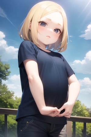 Chris griffin family guy, 1girl, blonde hair, medium hair, black eyes, forehead, black and orange cap, cute girl, normal head, chin, big belly, blue shirt, short sleeves, darker gray pants, solo, sharp focus, perfect hands, perfect light, outdoors, sky, cloudy sky, anime waifu style