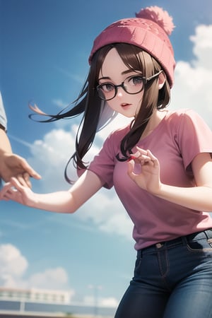 meg griffin, brown hair, black eyes, forehead, bob long hair, pink beanie, pink shirt, short sleeves, blue pants, red lips, round glasses, black-framed eyewear, sharp focus, perfect hands, outdoors, sky, cloudy sky, anime waifu style