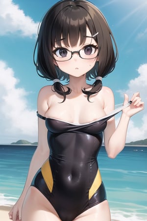 Tina belcher bob's burgers, 1girl, black hair, black eyes, short hairglasses, yellow hairclips, bangs, medium chests,one-piece swimsuit pull, blue swimsuit, one piece swimsuit, sharp focus, beach, looking at viewer, sky, cloudy sky, anime waifu style