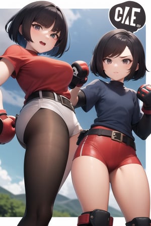 Mii brawler smash bros ultimate, black hair, black eyes, short hair, bangs, side hair, tanned skin, pretty face, red shirt, dark gray pants, belt, elbow pads, knee pads, less eyes, different eyebrows, black and blue gloves, battlefield, sky, cloudy sky, standing, anime waifu style