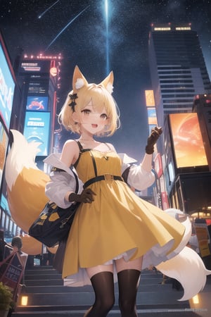 20th century fox television, blonde hair, brown eyes, short products hair, mole, fang, crossed bangs, fox tail, fox ears, brown highlight, yellow dress, brown gloves, holding, searchlight, cityscape, hollywood, sky, starry_sky, anime waifu style