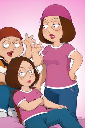 Meg griffin family guy, brown hair, black eyes, bob hair, glasses, forehead, pink beanie, pink shirt, blue pants, short sleeves, parted lips, pink background, anime waifu style,meg griffin