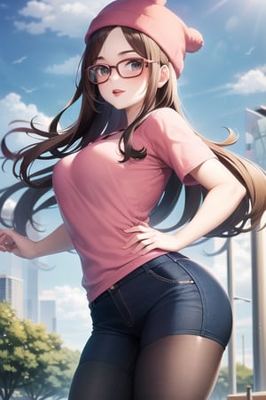 meg griffin, brown hair, black eyes, bob hair, forehead, pink beanie, glasses, red lips, black framed eyewear, round glasses, pink shirt, blue pants, short sleeves, outdoors, sky, cloudy sky, anime waifu style