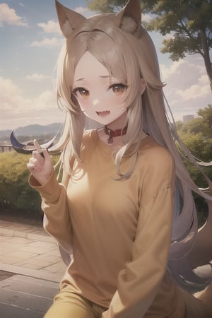 Labrador retriever, lighter blonde hair, brown eyes, dog ears, dog tail, dog nose, forehead, long hair, bobbed hair, red collar, lighter yellow shirt, lighter yellow pants, long sleeves, fangs, outdoors, sky, cloudy sky, anime waifu style