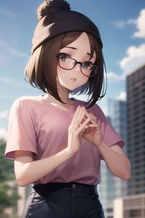 meg griffin, brown hair, black eyes, bob hair, glasses, sharp focus, perfect hands, perfect light, pink beanie, pink shirt, blue pants, short sleeves, black-framed eyewear, forehead, parted lips, solo, outdoors, sky, cloudy sky, anime waifu style