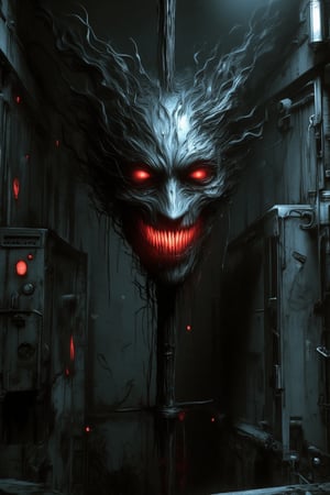 Humanoid head impaled on a metal rod, half face is cybernetic, glowing red malevolent eyes, dark, reinforced metal room with broken elements, bleeding wounds. Close-up shot, dramatic lighting, detailed textures of metal and organic skin, eerie atmosphere, intense expression.