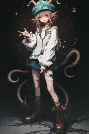 Anime style, tall 25-year-old athletic woman, short wavy light brown hair, green mint wool cap with vertical lines, golden eyes, six elongated goat-like ears, white wool sweater, blue skirt, brown boots. Standing in the void of space with a playful smile. Full body shot, soft lighting, detailed textures of clothing and hair, dynamic pose, playful expression.