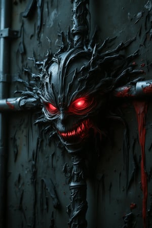 Humanoid head impaled on a metal rod, half face is cybernetic, glowing red malevolent eyes, dark, reinforced metal room with broken elements, bleeding wounds. Close-up shot, dramatic lighting, detailed textures of metal and organic skin, eerie atmosphere, intense expression.