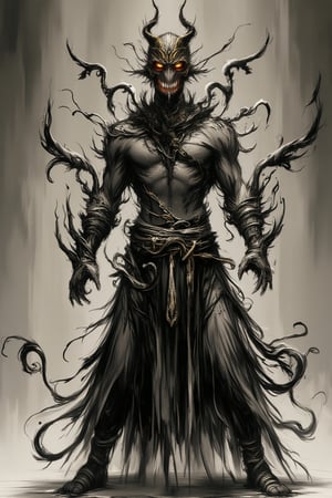 Anime style, divine general Mahoraga from Jujutsu Kaisen, white humanoid creature, dark wrinkled skin, four wings emerging from eye sockets, tail-like appendage behind head, golden helm with eight handles on head, no eyes, very muscular, black loincloth with white nakama, peach sandals, black bandages on wrists, threatening white-toothed smile. Full body shot, dramatic lighting, detailed textures of skin and clothing, dynamic pose, intense expression.