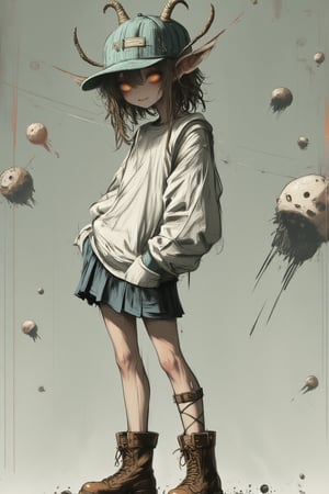 Anime style, tall 25-year-old athletic woman, short wavy light brown hair, green mint wool cap with vertical lines, golden eyes, six elongated goat-like ears, white wool sweater, blue skirt, brown boots. Standing in the void of space with a playful smile. Full body shot, soft lighting, detailed textures of clothing and hair, dynamic pose, playful expression.