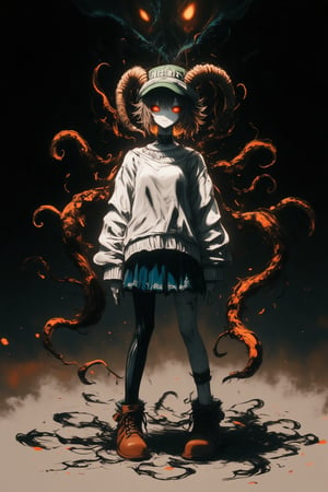 Anime style, tall 25-year-old athletic woman, short wavy light brown hair, green mint wool cap with vertical lines, golden eyes, six elongated goat-like ears, white wool sweater, blue skirt, brown boots. Standing in the void of space with a playful smile, orange tentacles emerging from the surrounding darkness indicating a hidden malevolent presence behind her. Full body shot, dramatic lighting, detailed textures of clothing and hair, dynamic pose, playful expression, eerie atmosphere.