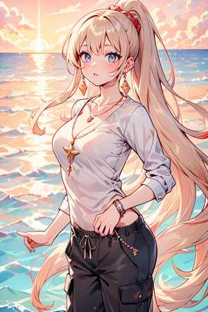 French girl,grey blonde hair(very long hair, curly_hair),long ponytail,hiphop dancer,wearing all black clothes (loose fit top and wide cargo pants),sneakers,accessories(necklace,ear_rings), standing in the sea,horizon,seaside,vivid sea color,red lighthouse,sunset,Best Quality, 32k, photorealistic, ultra-detailed, finely detailed, high resolution, perfect dynamic composition, beautiful detailed eyes, sharp-focus, cowboy_shot, 