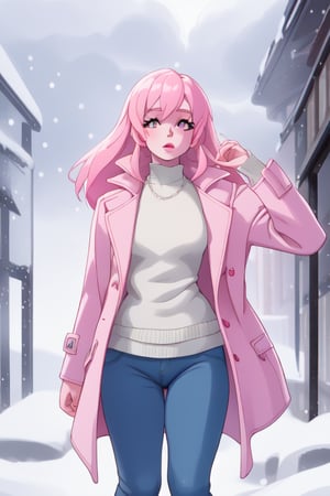 cute girl, long hair, fashion coat, pink winter coat, Jeans, standing looking up at the sky as snow is falling, winter city, cloudy, 4K, ultra HD, RAW photo, realistic, masterpiece, best quality, beautiful skin, white skin, 50mm, medium shot, outdoor, half body, photography, Portrait, ,chinatsumura, high fashion, snowflakes