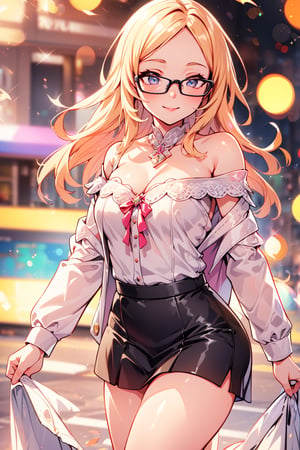 1girl,(RAW photo, best quality), (realistic, photo-realistic:1.4), masterpiece, an extremely delicate and beautiful, extremely detailed, 2k wallpaper, Amazing, finely detail, extremely detailed CG unity 8k wallpaper, ultra-detailed, highres, soft light, beautiful detailed girl, extremely detailed eyes and face, wearing glasses, megane, beautiful detailed nose, beautiful detailed eyes,cinematic lighting,perfect anatomy, sexy, dynamic pose, slender body,smiling city lights at night,at a train station in tokyo,(bokeh:1.3) wearing blouse and skirt, off shoulder