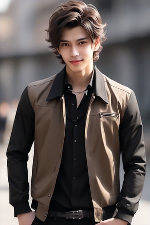 solo, looking at viewer, smile, short hair, shirt, black hair, 1boy, brown eyes, jacket, upper body, male focus, outdoors, day, black jacket, black shirt, building, messy hair, city,ace_trappola,niji5