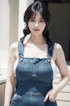 Jukujo,solo,photorealistic,ultra high res,(Random_hairstyle:1.6),(50 years old mature female:1.3),(short and black hair),huge breasts, detail eyes,detail skin,(pale_skin:1.4),smile,
(Denim overall sundress:1.4),milf