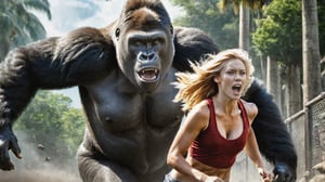 a gorilla attacks a beautiful blonde American woman, she screams as she runs away, dramatic angle and pose, perfect female anatomy, realistic, detailed, horror movie poster style, surreal, in a zoo, citizens fleeing, masterpiece,