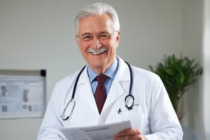 An elderly doctor in a clinic, smiling and holding a health report